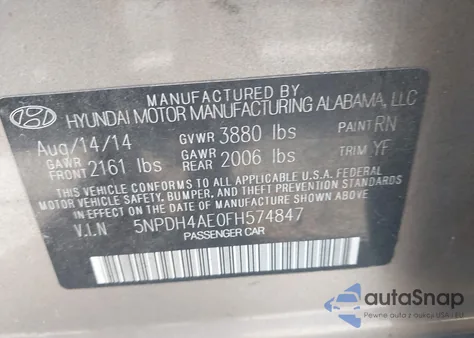 2015 Hyundai Elantra Se из США, поврежденный, VIN 5NPDH4AE0FH574847